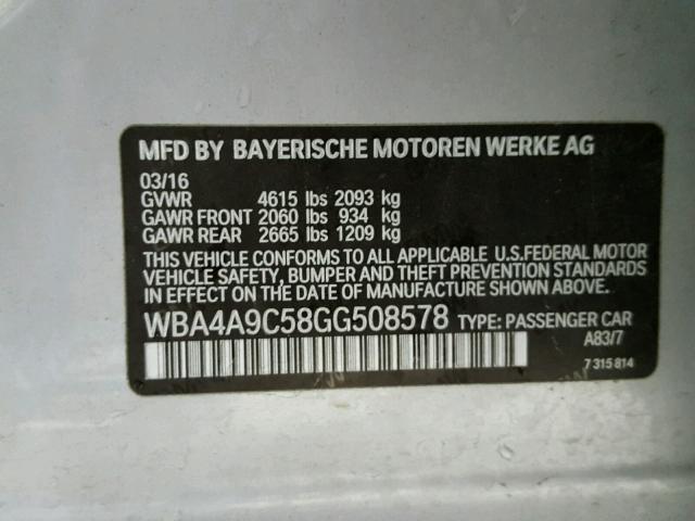 WBA4A9C58GG508578 - 2016 BMW 428 I SILVER photo 10