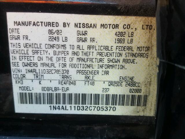 1N4AL11D32C705370 - 2002 NISSAN ALTIMA BAS BLACK photo 10