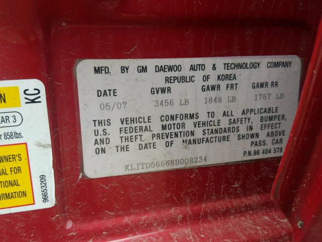 KL1TD56668B008234 - 2008 CHEVROLET AVEO BASE Կարմիր լուսանկար 10