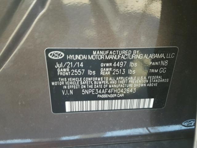 5NPE34AF4FH042643 - 2015 HYUNDAI SONATA SPO GRAY photo 10