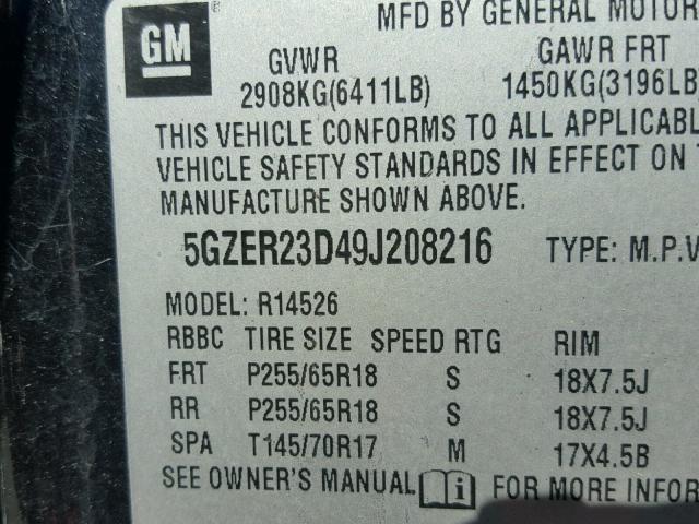 5GZER23D49J208216 - 2009 SATURN OUTLOOK XR შავი ფოტო 10