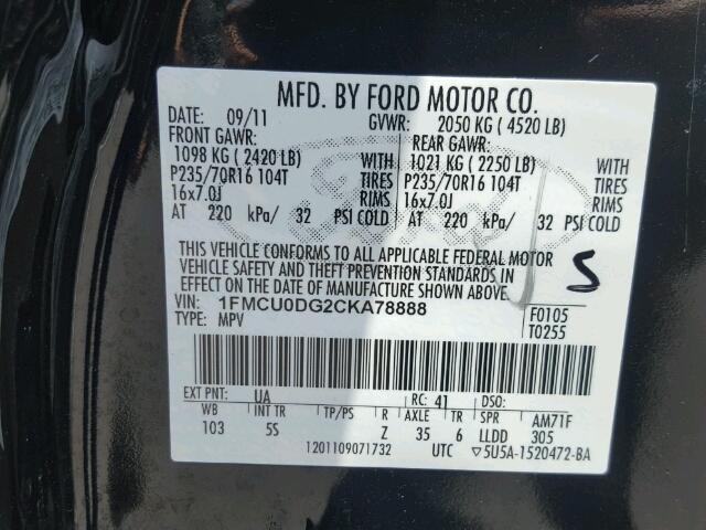 1FMCU0DG2CKA78888 - 2012 FORD ESCAPE XLT BLACK photo 10