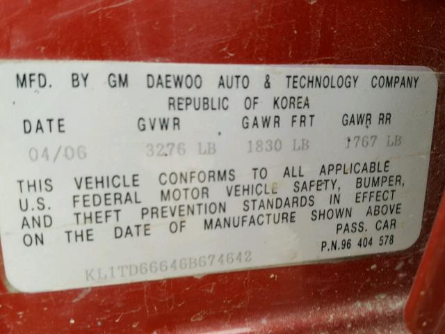 KL1TD66646B674642 - 2006 CHEVROLET AVEO BASE Կարմիր լուսանկար 10