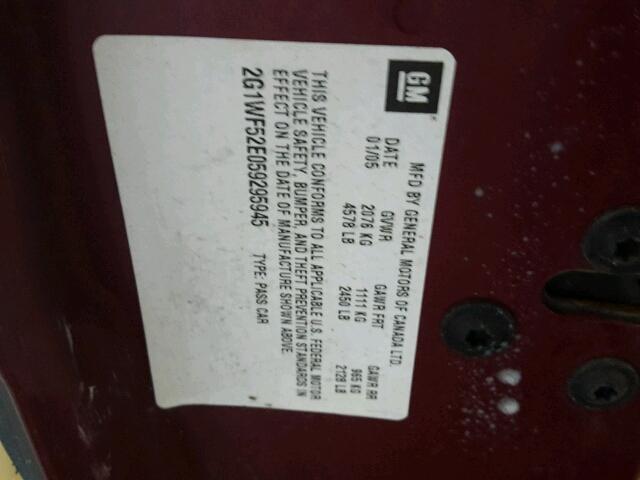 2G1WF52E059295945 - 2005 CHEVROLET IMPALA 栗色 照片 10