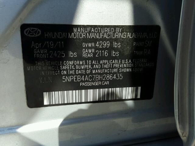 5NPEB4AC7BH286435 - 2011 HYUNDAI SONATA GLS SILVER photo 10