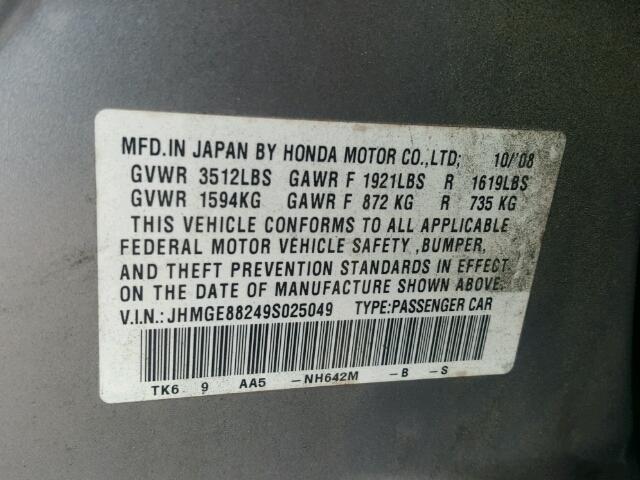 JHMGE88249S025049 - 2009 HONDA FIT GRAY photo 10