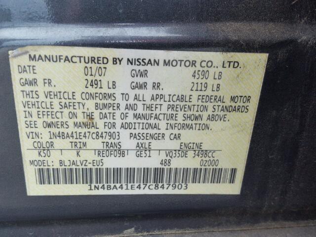 1N4BA41E47C847903 - 2007 NISSAN MAXIMA SE CHARCOAL photo 10