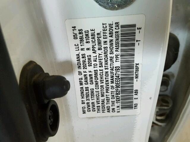 19XFB2F90EE047193 - 2014 HONDA CIVIC EXL 白色 照片 10