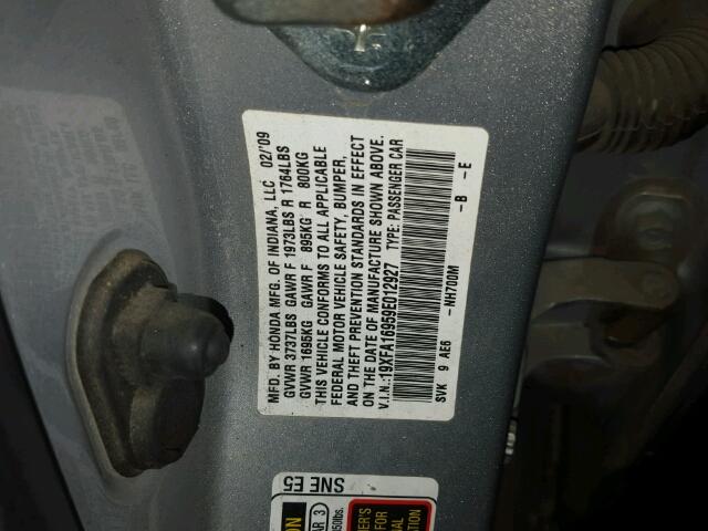 19XFA16959E012927 - 2009 HONDA CIVIC EXL 灰色 照片 10