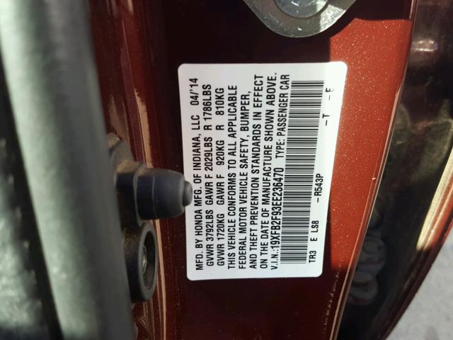 19XFB2F93EE236470 - 2014 HONDA CIVIC EXL BURGUNDY photo 10