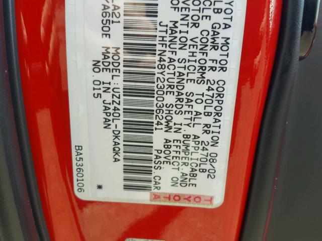 JTHFN48Y230036241 - 2003 LEXUS SC 430 RED photo 10