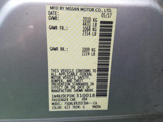 1N4BZ0CP1HC310018 - 2017 NISSAN LEAF S SILVER photo 10