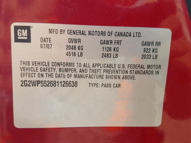 2G2WP552681126638 - 2008 PONTIAC GRAND PRIX RED photo 10