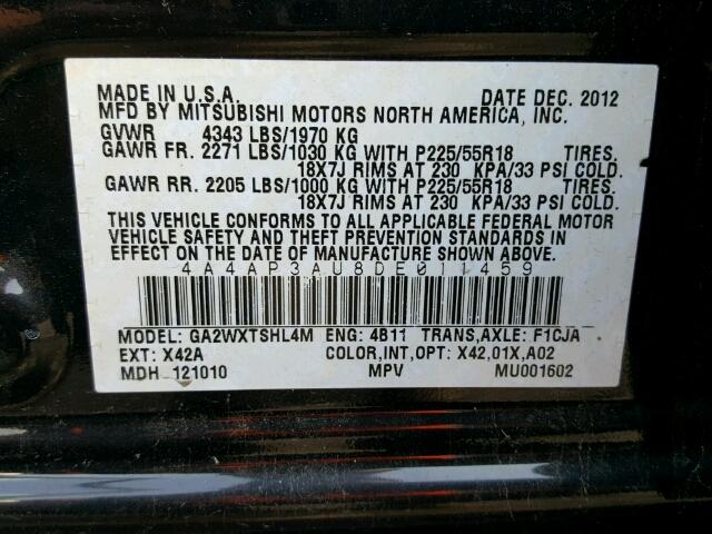 4A4AP3AU8DE011459 - 2013 MITSUBISHI OUTLANDER BLACK photo 10