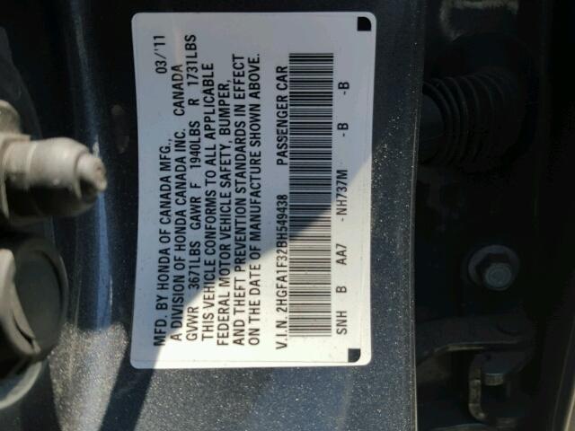 2HGFA1F32BH549438 - 2011 HONDA CIVIC VP GRAY photo 10