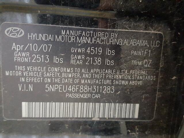 5NPEU46F88H311283 - 2008 HYUNDAI SONATA SE BLACK photo 10