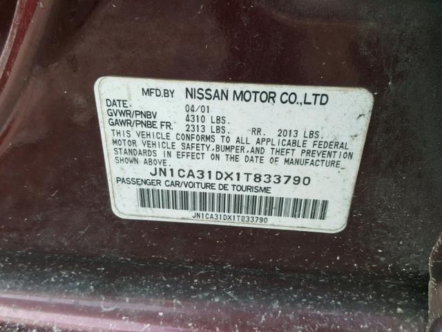 JN1CA31DX1T833790 - 2001 NISSAN MAXIMA GXE BURGUNDY photo 10