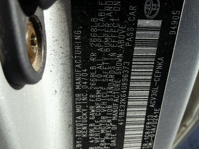 4T1BE32K64U896373 - 2004 TOYOTA CAMRY LE ვერცხლისფერი ფოტო 10
