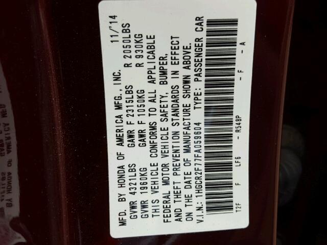 1HGCR2F77FA059604 - 2015 HONDA ACCORD EX BURGUNDY photo 10