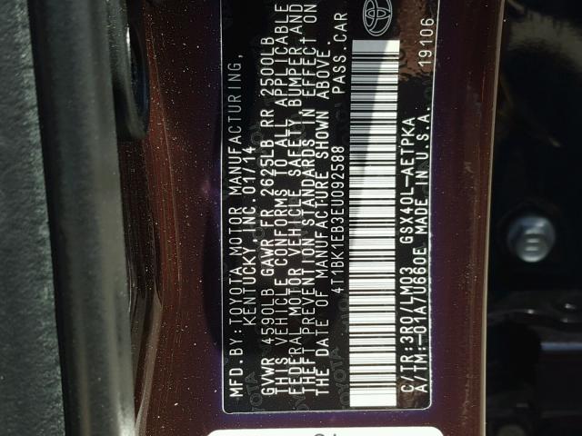 4T1BK1EB3EU092588 - 2014 TOYOTA AVALON BAS PURPLE photo 10