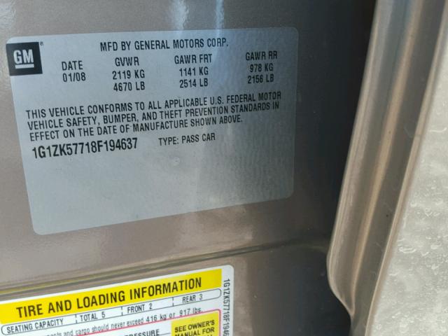 1G1ZK57718F194637 - 2008 CHEVROLET MALIBU LTZ ყავისფერი ფოტო 10