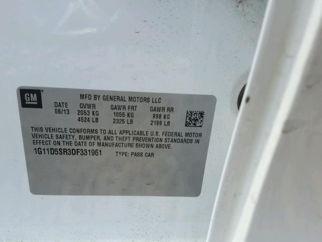 1G11D5SR3DF331961 - 2013 CHEVROLET MALIBU 1LT WHITE photo 10