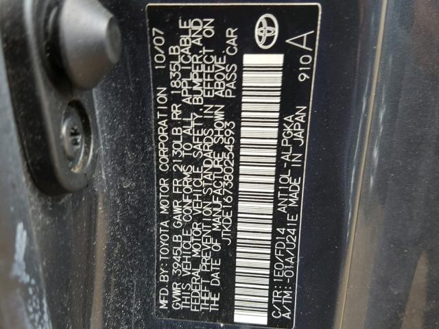 JTKDE167380254593 - 2008 SCION TC BLACK photo 10