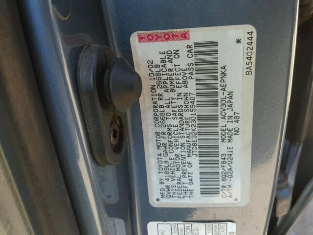 JTDBE32K230159407 - 2003 TOYOTA CAMRY LE ლურჯი ფოტო 10