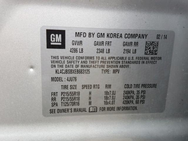 KL4CJBSBXEB683125 - 2014 BUICK ENCORE CON SILVER photo 10