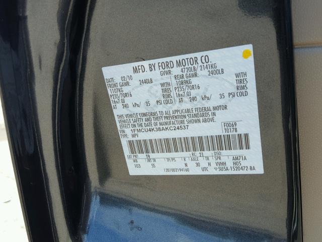 1FMCU4K38AKC24537 - 2010 FORD ESCAPE HYB GRAY photo 10