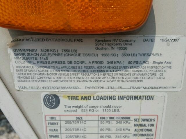 4YDT30Q278B451669 - 2008 KEYSTONE OUTBACK WHITE photo 10