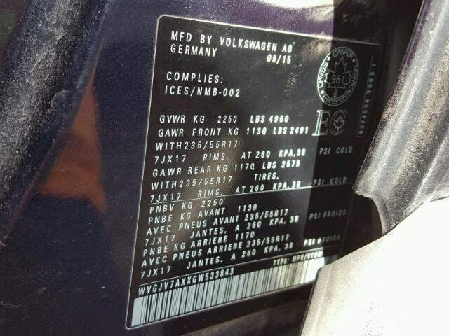 WVGJV7AXXGW533843 - 2016 VOLKSWAGEN TIGUAN COM 蓝色 照片 10