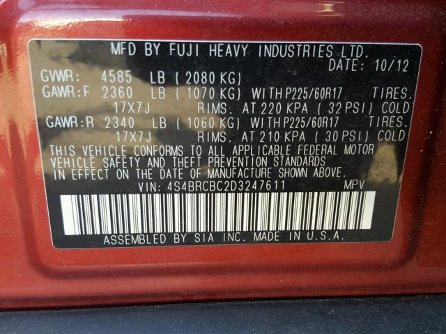 4S4BRCBC2D3247611 - 2013 SUBARU OUTBACK 2. RED photo 10