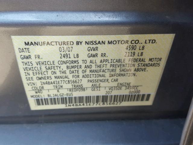 1N4BA41E77C856627 - 2007 NISSAN MAXIMA SE BLACK photo 10