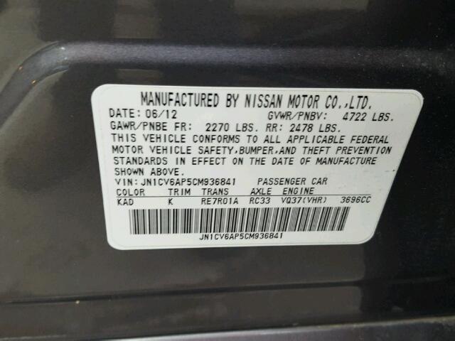 JN1CV6AP5CM936841 - 2012 INFINITI G37 BASE/S SILVER photo 10