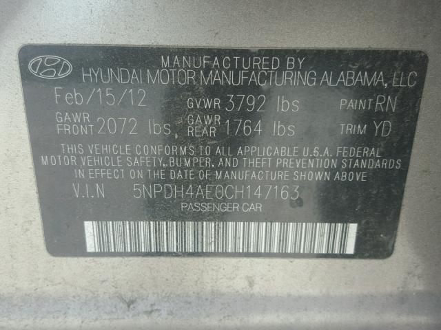 5NPDH4AE0CH147163 - 2012 HYUNDAI ELANTRA GL GRAY photo 10