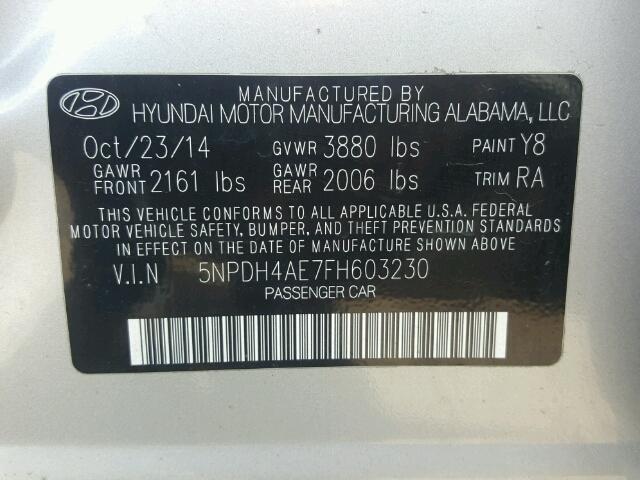 5NPDH4AE7FH603230 - 2015 HYUNDAI ELANTRA SILVER photo 10