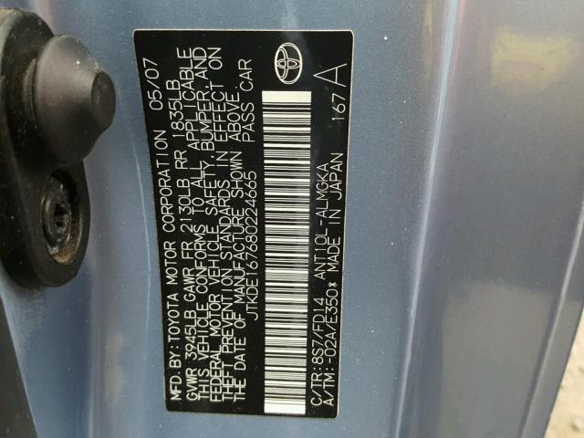 JTKDE167680224665 - 2008 TOYOTA SCION TC BLUE photo 10