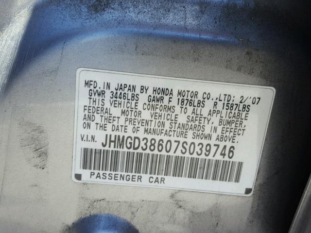 JHMGD38607S039746 - 2007 HONDA FIT S 灰色 照片 10