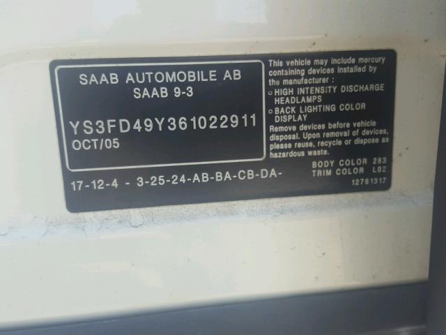 YS3FD49Y361022911 - 2006 SAAB 9-3 BASE WHITE photo 10