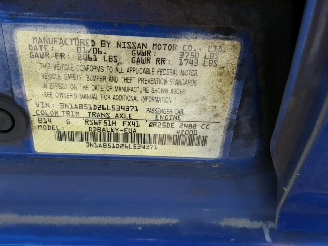 3N1AB51D26L534371 - 2006 NISSAN SENTRA SE- BLUE photo 10