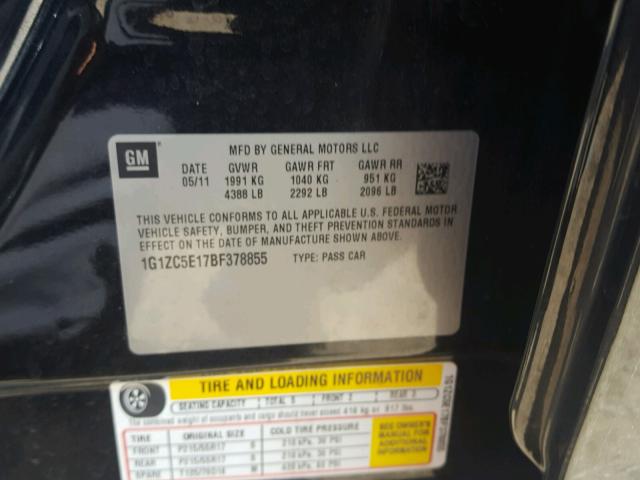 1G1ZC5E17BF378855 - 2011 CHEVROLET MALIBU 1LT შავი ფოტო 10