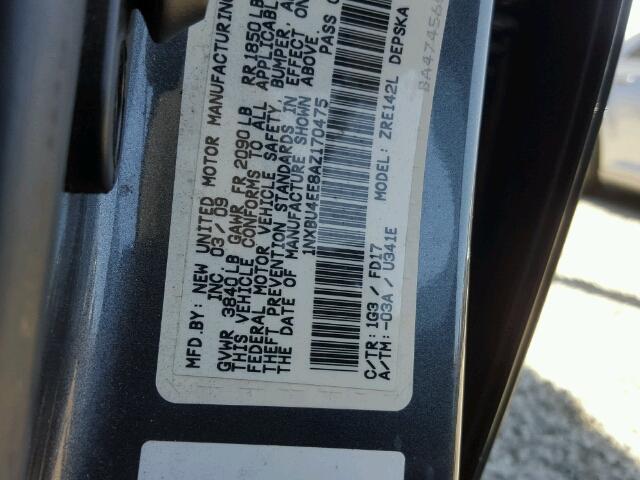 1NXBU4EE8AZ170475 - 2010 TOYOTA COROLLA BA GRAY photo 10