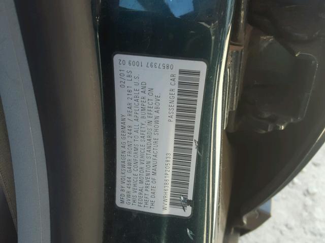 WVWRH63B61P205833 - 2001 VOLKSWAGEN PASSAT GLX GREEN photo 10