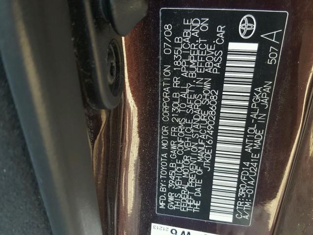 JTKDE167490286082 - 2009 TOYOTA SCION TC 栗色 照片 10