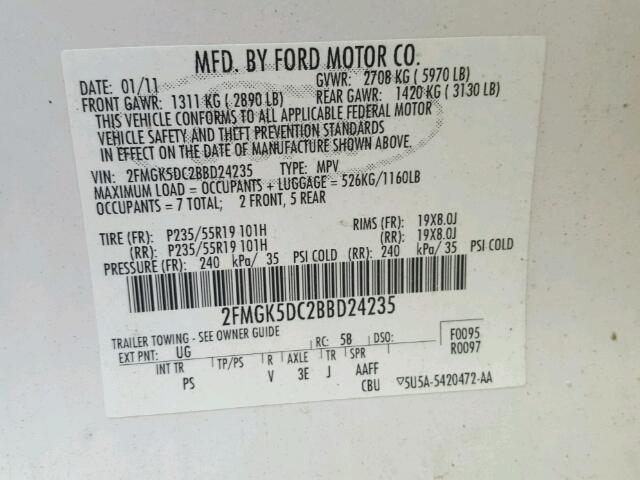 2FMGK5DC2BBD24235 - 2011 FORD FLEX LIMIT WHITE photo 10