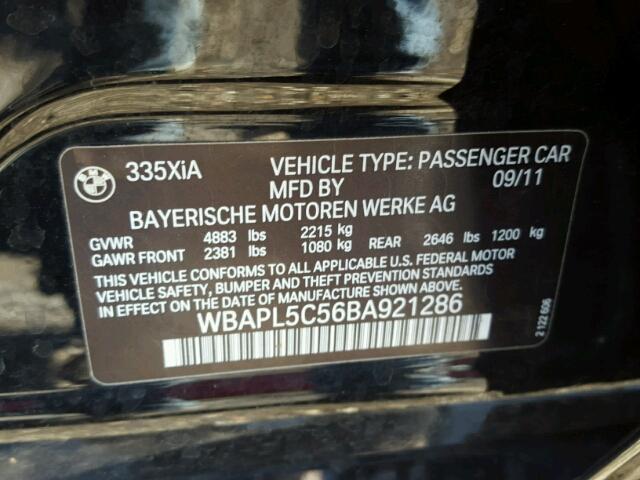 WBAPL5C56BA921286 - 2011 BMW 335 XI BLACK photo 10