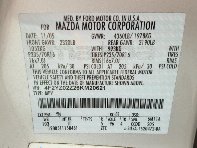 4F2YZ02Z26KM20621 - 2006 MAZDA TRIBUTE I GRAY photo 10