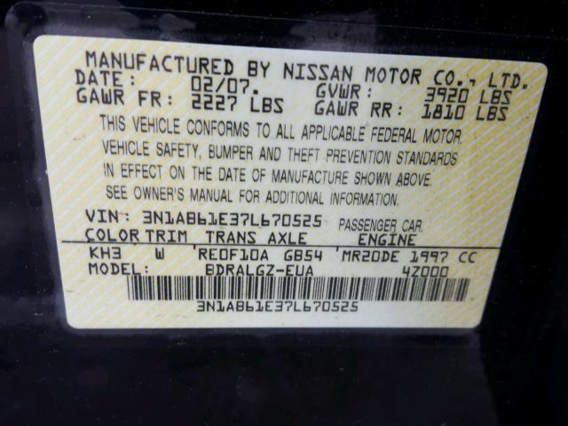 3N1AB61E37L670525 - 2007 NISSAN SENTRA 2.0 BLACK photo 10