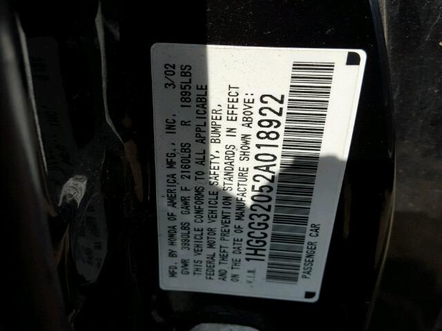 1HGCG32052A018922 - 2002 HONDA ACCORD SE BLACK photo 10